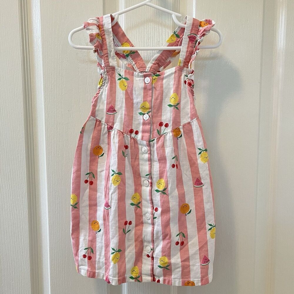 H&M Pink Striped Fruit Dress Ruffle-Trimmed Cotton Button Front Girls Size 2T